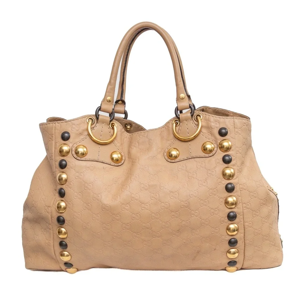 Gucci Vintage GG Babouska Leather Tote Bag Beige Fringe Studded Shoulder Bag LRG - Picture 2 of 16